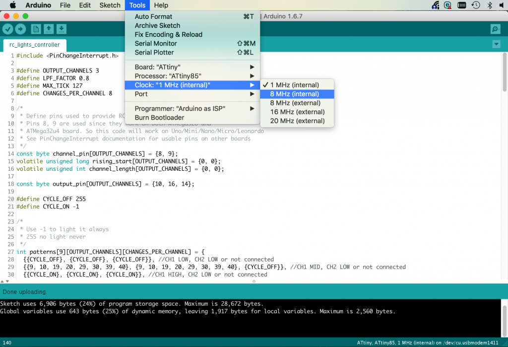 Clock options for ATtiny MCU in Arduino IDE