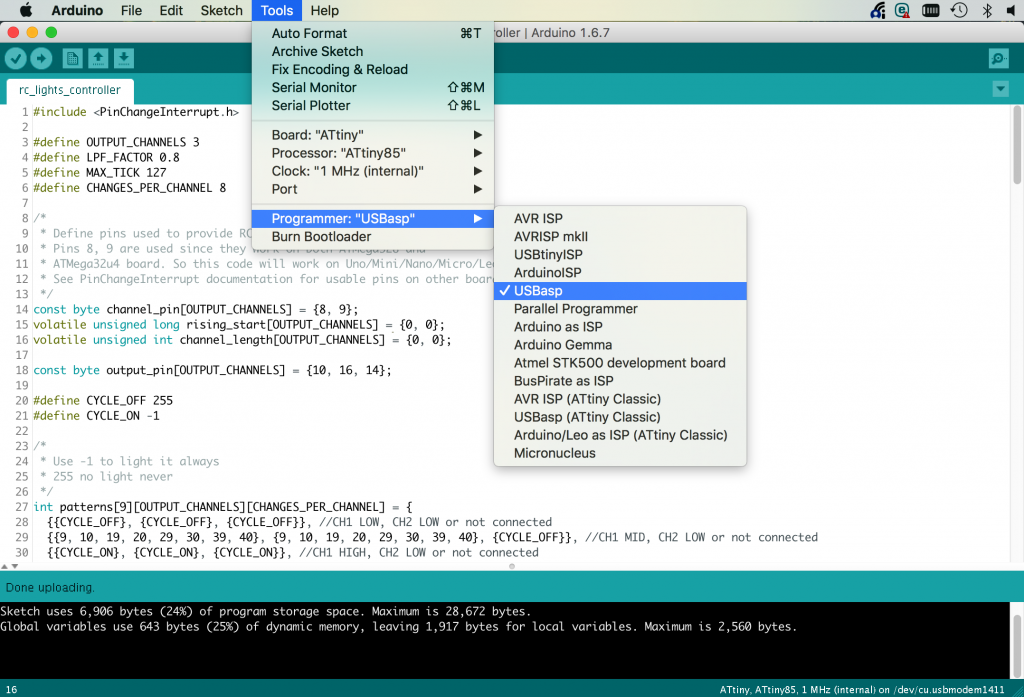 Selecting Programmer type for ATtiny in Arduino IDE. In this case, it's USBasp