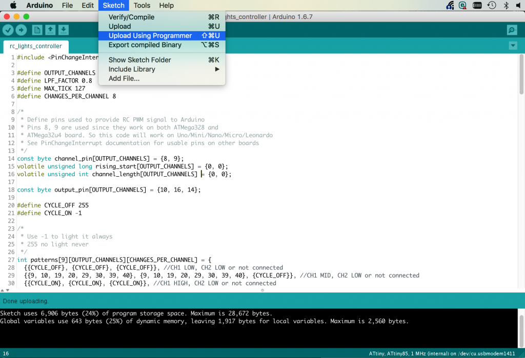 Sketch upload to ATtiny in Sketch menu in Arduino IDE