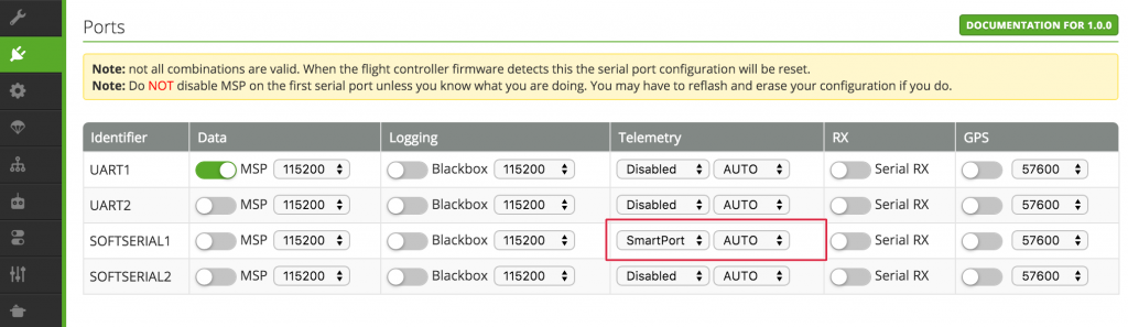 Enable SmartPort telemetry in ports tab