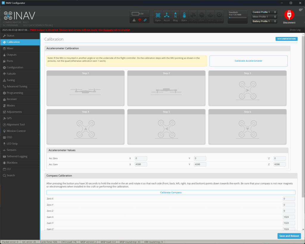 INAV Configurator calibration tab with accelerometer calibration steps
