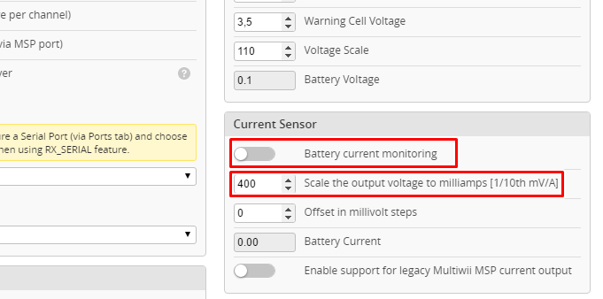 Enable battery current monitoring in INAV configurator