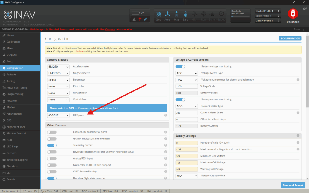 option to set i2C Speed in INAV Configurator is available in the User Interface in Configuration tab
