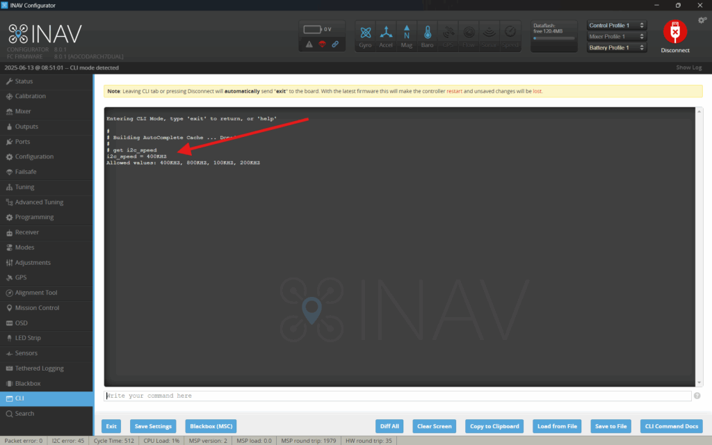 i2c speed option in INAV CLI