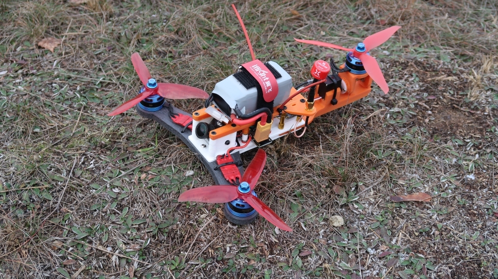 Fully assembled 3d printed tricopter drone, different angle