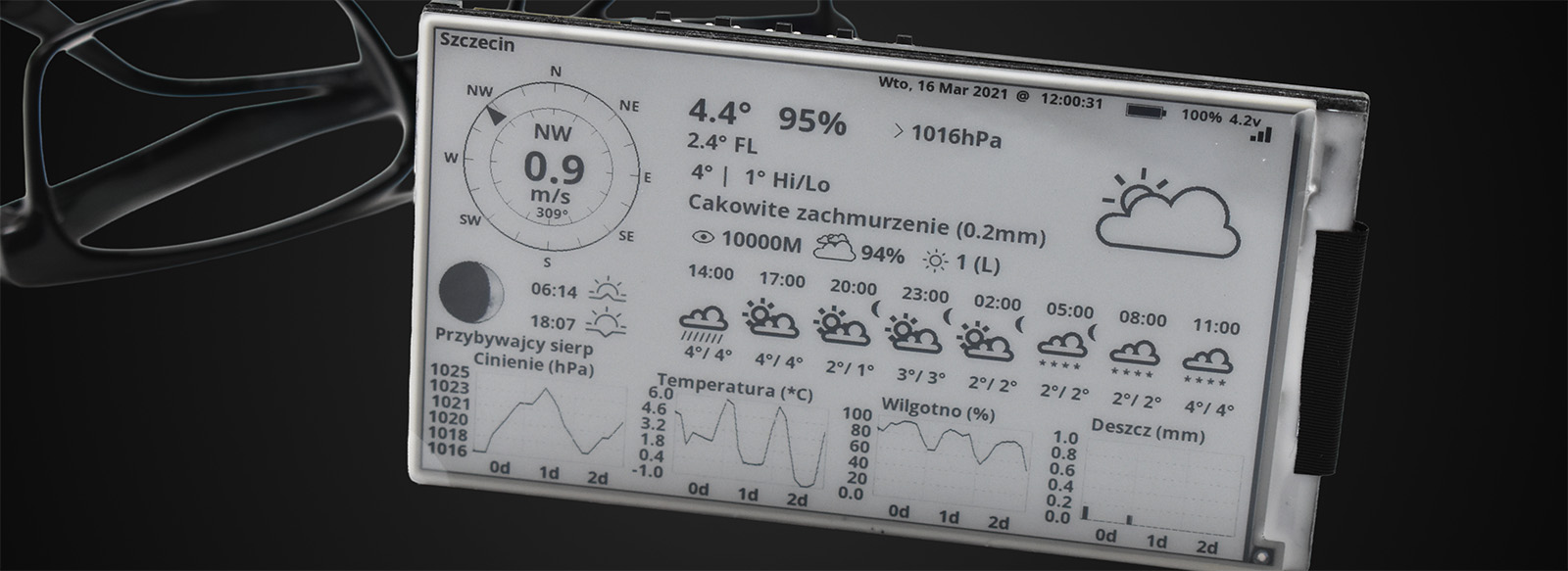 LILYGO T5 4.7-inch E-paper ESP32 development board running a weather station software