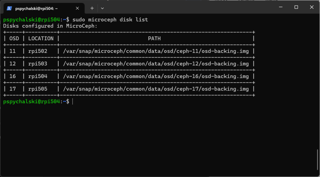 Result of sudo microceph disk list on Raspberry Pi 5