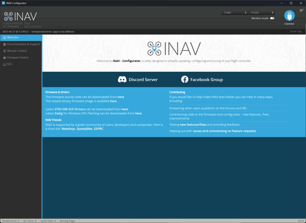 INAV Configurator application main screen