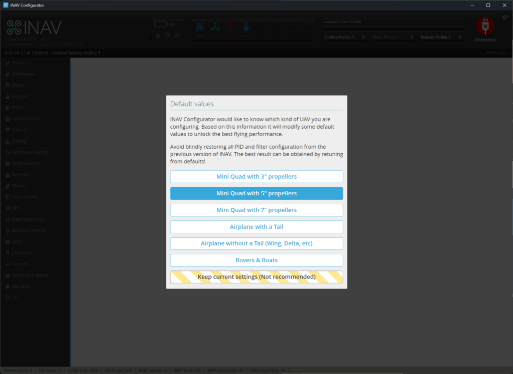 INAV Configurator Setup Wizard