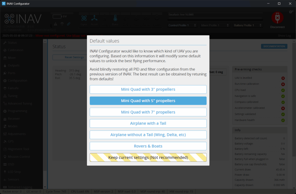 INAV Setup Wizard with presets for small and big drones as well as airplanes