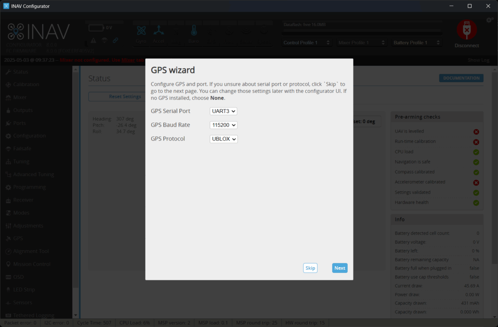 Setup Wizard for GPS module protocol and port