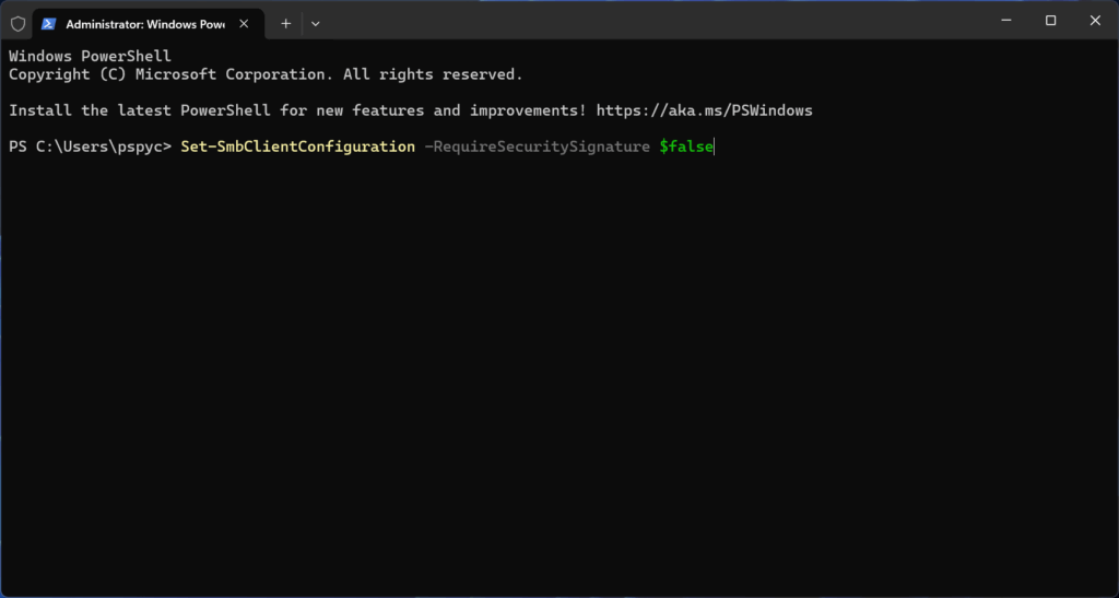Disable SMB requirement for security signature in Windows 11 PowerShell