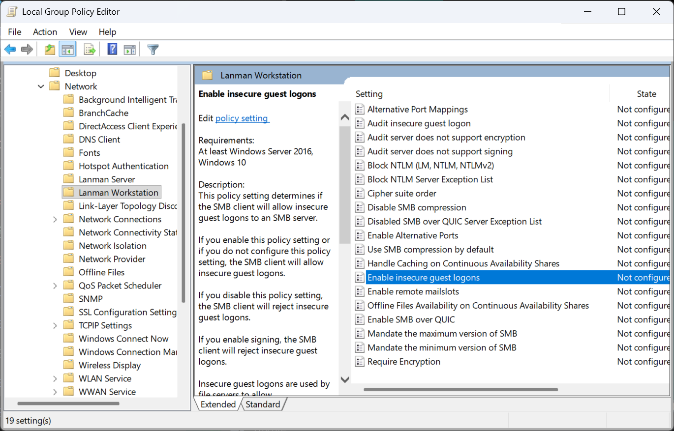 Computer Configuration / Administrative Templates / Network / Lanman Workstation option