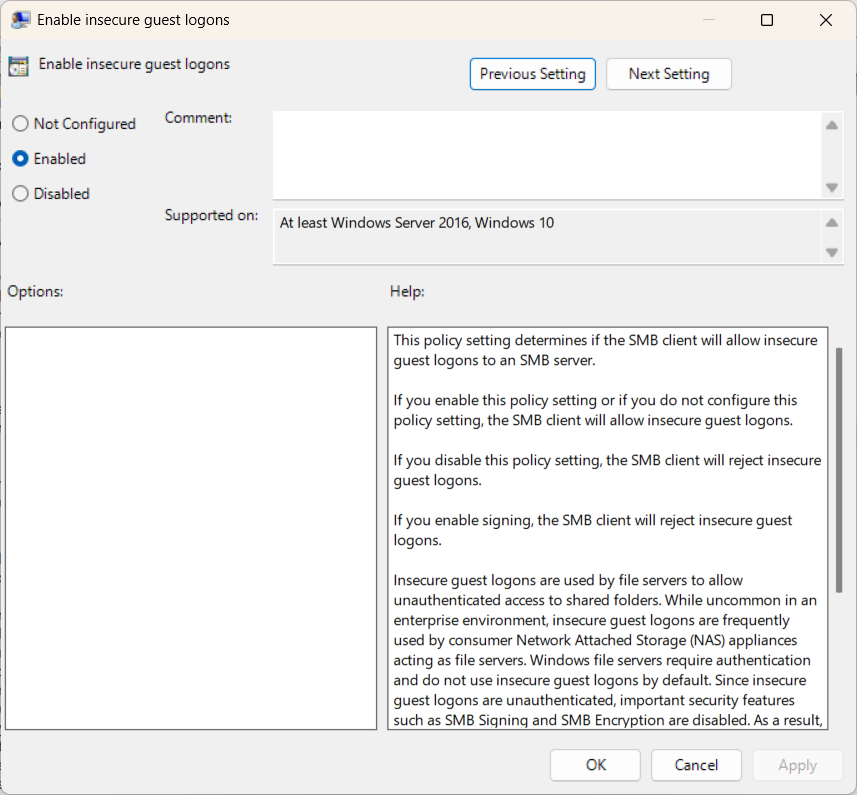 change Enable insecure guest logons to Enabled