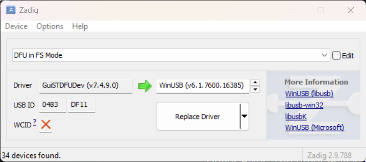 Zadig to fix DFU drivers