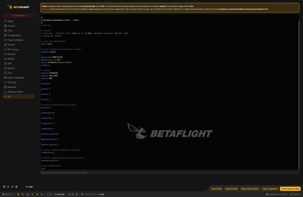 Diff All to backup Betaflight settings