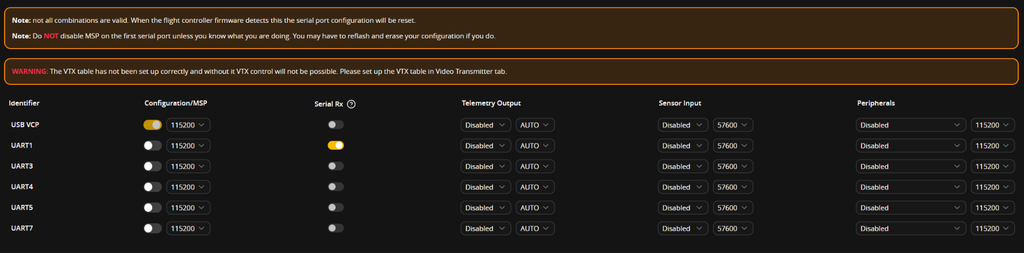 Serial ports tab with Serial RX enabled on one port